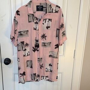 Hollister Pink and Black Men's Hawaiian Shirt